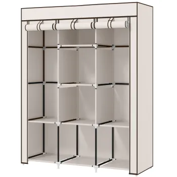 HOMCOM Dulap-penderie multi-spatiu - 8 rafturi, 2 bare - material netesut crem | Aosom Romania 22cc imagine