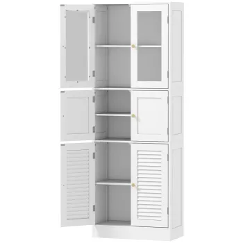 HOMCOM Dulap pentru baie cu 3 compartimente si 2 usi din sticla si lemn, rafturi reglabile, 60x30x170 cm, alb | Aosom Romania 8bf7 imagine