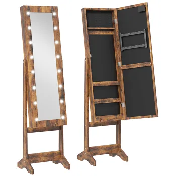HOMCOM Dulap pentru Bijuterii cu Oglinda Reglabila si Lumini LED 36x30x136 cm Maro Rustic | Aosom Romania ff9a imagine