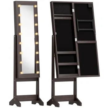 HOMCOM Dulap pentru bijuterii, dulap de depozitare pe picior, cutie pentru bijuterii cu oglinda, multiple spatii de depozitare, iluminare LED, maro inchis | Aosom Romania 3d0e imagine