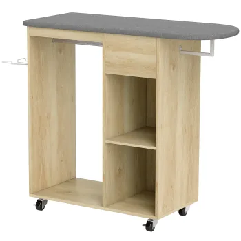 HOMCOM Dulap pentru calcat din lemn masa de calcat pe roti bara de suspendare raft 125 x 43,5 x 102,5 cm lemn natural | Aosom Romania ca04 imagine