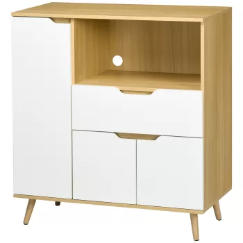HOMCOM Dulap pentru Cuptor cu Microunde din PAL cu Raft deschis, doua Dulapioare si un Sertar, 90x40x98.5cm Alb si Lemn natur b753 imagine