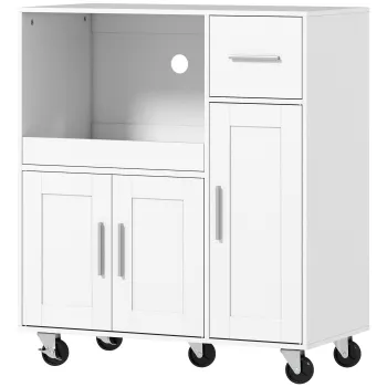 HOMCOM Dulap pentru cuptorul cu microunde din lemn, cu sertar, 2 dulapuri, raft deschis si blat ajustabil, 80x40x88.7 cm, alb | Aosom Romania 5149 imagine