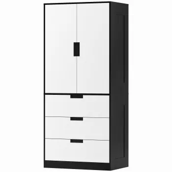 HOMCOM Dulap pentru Dormitor cu 2 Usi cu Inchidere Amortizata, 3 Sertare, PAL, 80x50x180 cm, Alb si Negru | Aosom Romania a604 imagine