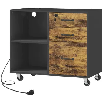 HOMCOM Dulap pentru Imprimanta cu 4 Roti cu 3 Sertare, 2 Rafturi Deschise si Orificiu pentru Cablu, Dulap Imprimanta MDF, 80x40x65,5 cm, Maro si Negru c997 imagine