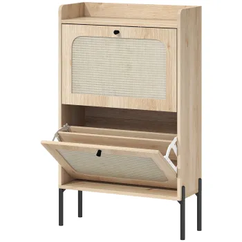 HOMCOM Dulap pentru incaltaminte 12 perechi, dulap cu 2 sertare rabatabile, usi din ratan si polite reglabile, stejar | Aosom Romania cb2b imagine