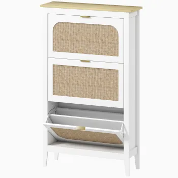 HOMCOM Dulap pentru incaltaminte 21 perechi boem cu 3 sertare rabatabile, usi cu efect cannage ratan, 80 x 24 x 131 cm, alb | Aosom Romania d3f0 imagine