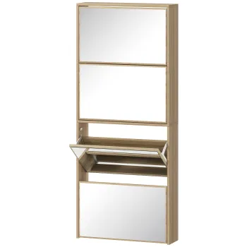 HOMCOM Dulap pentru Incaltaminte Slim cu 4 Usi si Oglinda 63x17x146 cm Culoare Lemn | Aosom Romania fcd6 imagine