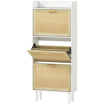 HOMCOM Dulap pentru pantofi 3 usi rabatabile etajera efect rasina impletita design boem 65 x 24,5 x 153 cm alb | Aosom Romania bc9c imagine