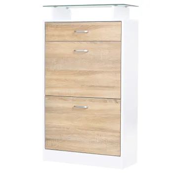 HOMCOM Dulap pentru Pantofi, Mobilier depozitare Pantofi cu 2 Usi pliante 2 Compartimente, sertar, Placa din Sticla - Lemn stejar Alb | Aosom Romania 0a13 imagine