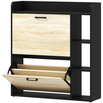HOMCOM Dulap pentru pantofi slim cu 2 sertare si 3 compartimente deschise, Capacitate 15 perechi, 83x24x90.5 cm, Negru | Aosom Romania 56a8 imagine