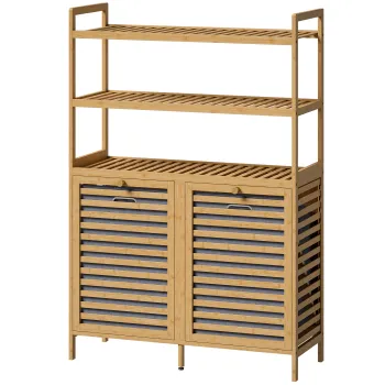 HOMCOM Dulap pentru Rufarie Dublu Rabatabil, Bambus, 2 Cosuri, 3 Rafturi, Culoare Stejar | Aosom Romania dfab imagine