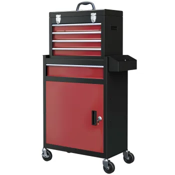 HOMCOM Dulap pentru Scule Rulant pe Roti cu 5 Sertare si Dulap, Comoda Portabila pentru Scule, Dulap cu Role pentru Atelier si Acasa, 60x28x102 cm, Rosu bcdf imagine
