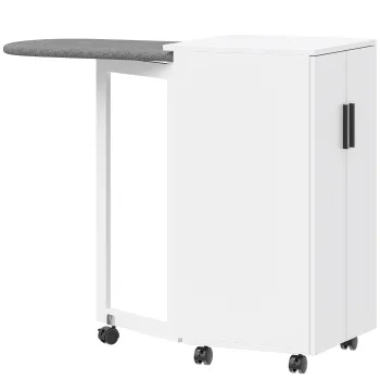 HOMCOM Dulap pliabil 2-in-1 pentru masa de calcat pe roti, cu masa de calcat si raft reglabil pentru spatii mici, alb | Aosom Romania dd6e imagine