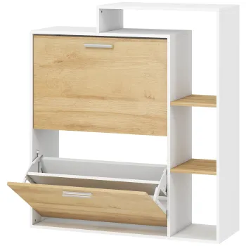 HOMCOM Dulap Slim pentru Pantofi cu 2 Sertare Rabatabile, Dulap Intrare cu Rafturi Reglabile, 3 Rafturi Deschise, Spatiu pentru 8 Perechi de Pantofi, Alb si Lemn Natural, 80x26x90 cm | Aosom Romania c724 imagine
