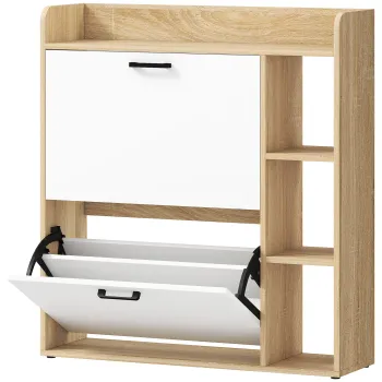 HOMCOM Dulap Slim pentru Pantofi cu 2 Sertare Rabatabile si 3 Compartimente, Capacitate 15 Perechi, 83x24x90,5 cm, Lemn si Alb | Aosom Romania b28e imagine