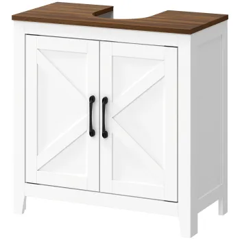 HOMCOM Dulap sub chiuveta, mobilier de baie modern cu 2 usi in stil hambar si raft reglabil, alb | Aosom Romania 601a imagine