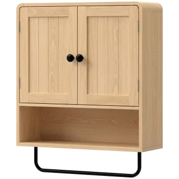HOMCOM Dulap suspendat pentru baie, mobilier de depozitare suspendat cu 2 usi, raft deschis, suport pentru prosoape, stejar | Aosom Romania c303 imagine