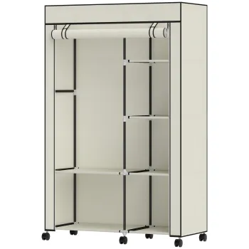 HOMCOM Dulap textil pentru haine mobilier de depozitare 6 roti bara de agatat si rafturi deschise 103x43x162,5cm crem | Aosom Romania e08c imagine