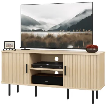 HOMCOM Dulap TV cu 2 Dulapuri, 2 Rafturi si 2 Orificii pentru Cabluri, Mobilier TV din Lemn, 120x40x55 cm, Lemn Natural | Aosom Romania 74e5 imagine