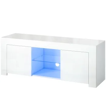HOMCOM Dulap TV cu iluminare LED, 2 usi, raft din sticla, orificii pentru cabluri, pentru living, placa aglomerata, Alb | Aosom Romania cc20 imagine