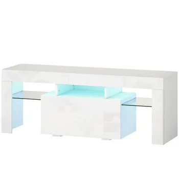 HOMCOM Dulap TV, mobilier TV cu iluminare LED RGB, finisaj ultra-lucios, rafturi din sticla securizata, 120x34x45cm, alb | Aosom Romania 99b7 imagine