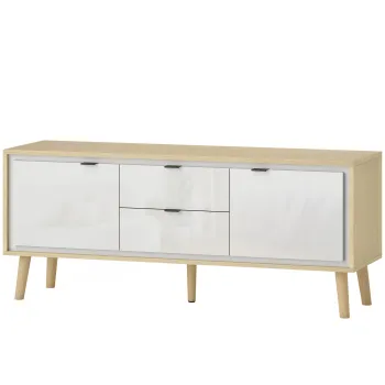 HOMCOM Dulap TV, pentru televizoare pana la 140 cm, 2 usi lucioase, 2 sertare silentioase, 120 x 35 x 50 cm, alb | Aosom Romania 9584 imagine