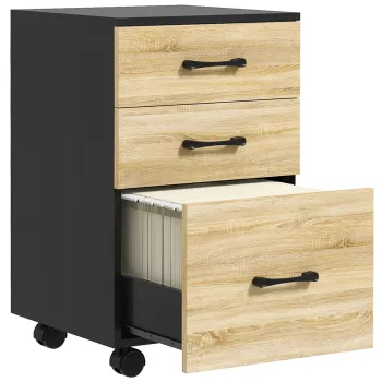 HOMCOM Dulap Vertical pentru Fisiere cu 3 Sertare pentru Biroul de Acasa, Dulap Mobil cu Roti, Bara Suspendata Reglabila, 40x42x65 cm, Stejar si Negru 16f6 imagine