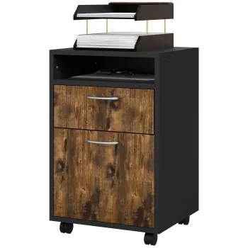 HOMCOM Dulapior de Birou cu 4 Roti, Raft Deschis si 2 Sertare, Mobilier de Birou din Lemn si Metal, 40x35x60 cm, Maro | Aosom Romania c742 imagine
