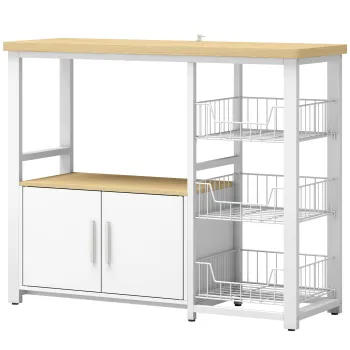 HOMCOM Etajera de depozitare pentru bucatarie cu cosuri glisante si dulap, suport pentru cuptor cu microunde, 100 x 35 x 80 cm, alb | Aosom Romania dc46 imagine
