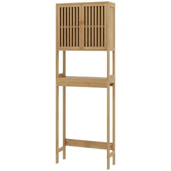 HOMCOM Etajera pentru toaleta mobilier de baie pentru deasupra toaletei WC cu dulap 2 usi si etajera deschisa bambus | Aosom Romania 5b3e imagine