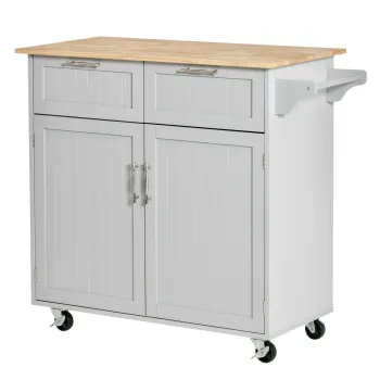 HOMCOM Insula de Bucatarie cu Blat de Lucru din Lemn de Cauciuc, Roti, 2 Sertare, Dulapior si Rafturi, 104x46x91 cm, Gri | Aosom Romania 8612 imagine
