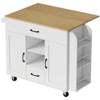 HOMCOM Insula de bucatarie pe roti, blat extensibil, usi de dulap Soft-Close, sertare, suport pentru prosoape, MDF, Alb | Aosom Romania 6d00 imagine