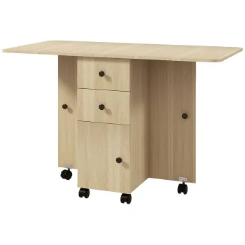 HOMCOM Masa de Bucatarie Pliabila, Masa Rabatabila cu Roti si Frane pentru 6 Persoane, Birou Pliabil cu 2 Sertare si Dulap, pentru Living, 120x60x76.5 cm, Lemn Natural | Aosom Romania 11c5 imagine