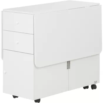 HOMCOM Masa de Bucatarie Rabatabila cu 2 Sertare si Dulapior cu Usi, Masa Plianta cu 6 Roti din PAL, 120x80x75 cm, Alb 4f9c imagine