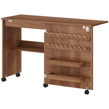 HOMCOM Masa de Cusut Pliabila, Masa de Lucru cu Usa Magnetica, 2 Compartimente, Raft de Depozitare, 18 Suporturi pentru Ate, Roti Blocabile, Dulap pentru Masina de Cusut, Maro | Aosom Romania 0288 imagine