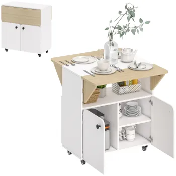 HOMCOM Masa de Dining Pliabila cu Dulap pe Role, doua parti pliabile ale mesei, Dulap, 4 Roti, Alb+Lemn natural, 70 x 83 x 75 cm | Aosom Romania ed25 imagine
