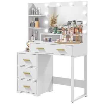 HOMCOM Masa de Machiaj cu 4 Sertare, 6 Rafturi Deschise si Oglinda, Dulap Machiaj din Lemn, 100x40x138 cm, Alb 9249 imagine