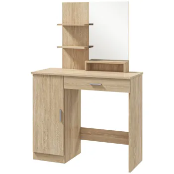 HOMCOM Masa de Machiaj cu Dulap, Sertar, Rafturi si Oglinda, lemn natural | Aosom Romania b646 imagine