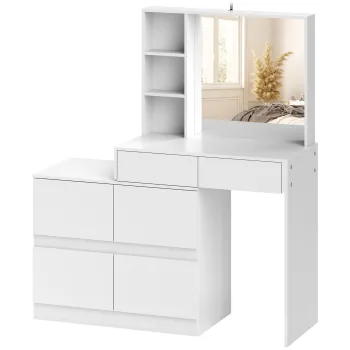 HOMCOM Masa de machiaj, masa pentru machiaj cu oglinda mare, 4 sertare, 3 compartimente deschise, 2 dulapuri, MDF, Alb | Aosom Romania 018b imagine