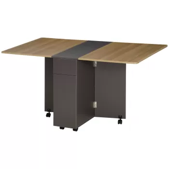 HOMCOM Masa de sufragerie pliabila dreptunghiulara din PAL cu 2 sertare, un dulap si 6 roti, max. 6 persoane, 140x76x76cm, culoare maro 45cc imagine