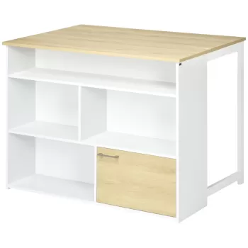 HOMCOM Masa pentru Bar Moderna si Extensibila din MDF pentru 2 Persoane cu 4 Rafturi deschise si Dulapior, 116x79.5x91 cm, Alb si Lemn natur 0cae imagine