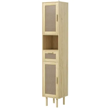 HOMCOM Mobilier baie coloana de depozitare pentru baie cu usi din ratan sertar 2 dulapuri 32 x 30 x 170 cm stejar | Aosom Romania 58cf imagine