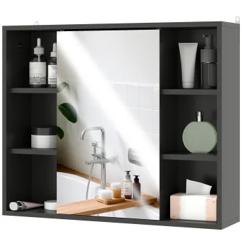 HOMCOM Mobilier baie cu oglinda, dulap cu usi si 6 compartimente deschise, 60 x 14,5 x 49,4 cm, negru | Aosom Romania ea21 imagine