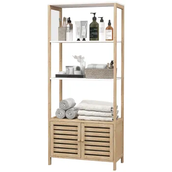 HOMCOM Mobilier de Baie cu 3 Rafturi, Dulapior Inferior, Dulapior de Baie din Bambus, 63x30x138 cm, Alb | Aosom Romania a01e imagine