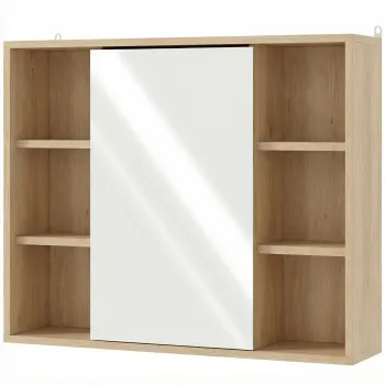 HOMCOM Mobilier de baie cu oglinda, dulap cu usa si 6 compartimente deschise, 60 x 14,5 x 49,4 cm, lemn natural | Aosom Romania 29af imagine