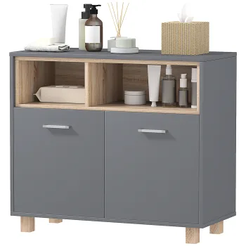 HOMCOM Mobilier de Baie cu Rafturi Deschise si Dulapior cu 2 Usi, Dulap de Baie Spatios cu Manere, 80x35x70 cm, Gri | Aosom Romania 10da imagine