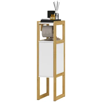 HOMCOM Mobilier de Baie cu Suport pentru Hartie Igienica, Dulap si Raft, Dulap Compact din Bambus, 20x33x80 cm, Alb | Aosom Romania d4ab imagine