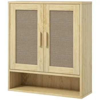 HOMCOM Mobilier de baie de perete dulap wc suspendat cu usi duble si raft deschis 59 x 20 x 66,5 cm efect lemn de stejar | Aosom Romania fc14 imagine