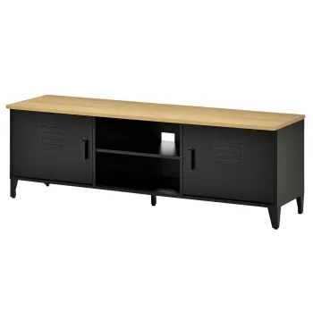 HOMCOM Mobilier TV Banc TV pentru televizoare de 55'' cu 2 Dulapuri Picioare Reglabile Cadru metalic negru Tablou din lemn natural 150 x 40 x 50 cm | Aosom Romania 94ed imagine